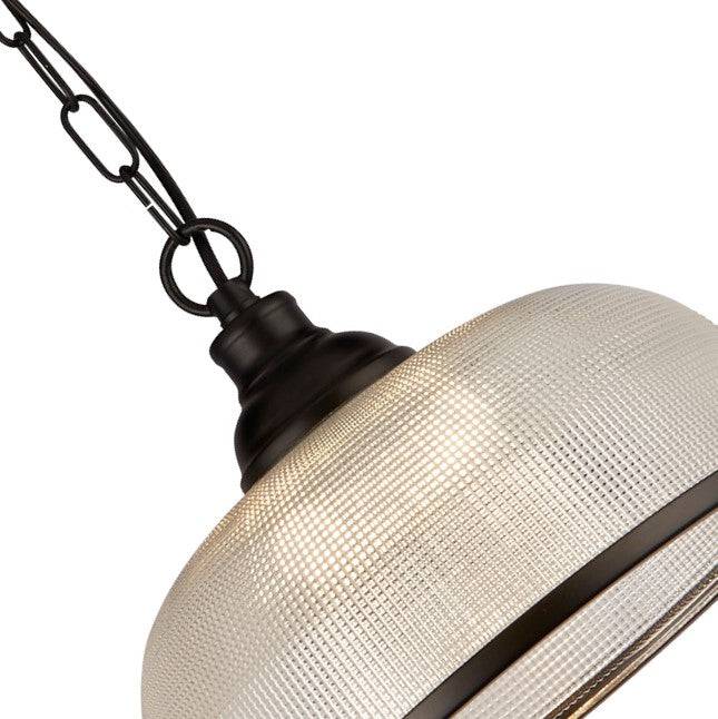 Highworth Pendant - Matt Black Metal & Holophane Style Glass - Comet Lighting