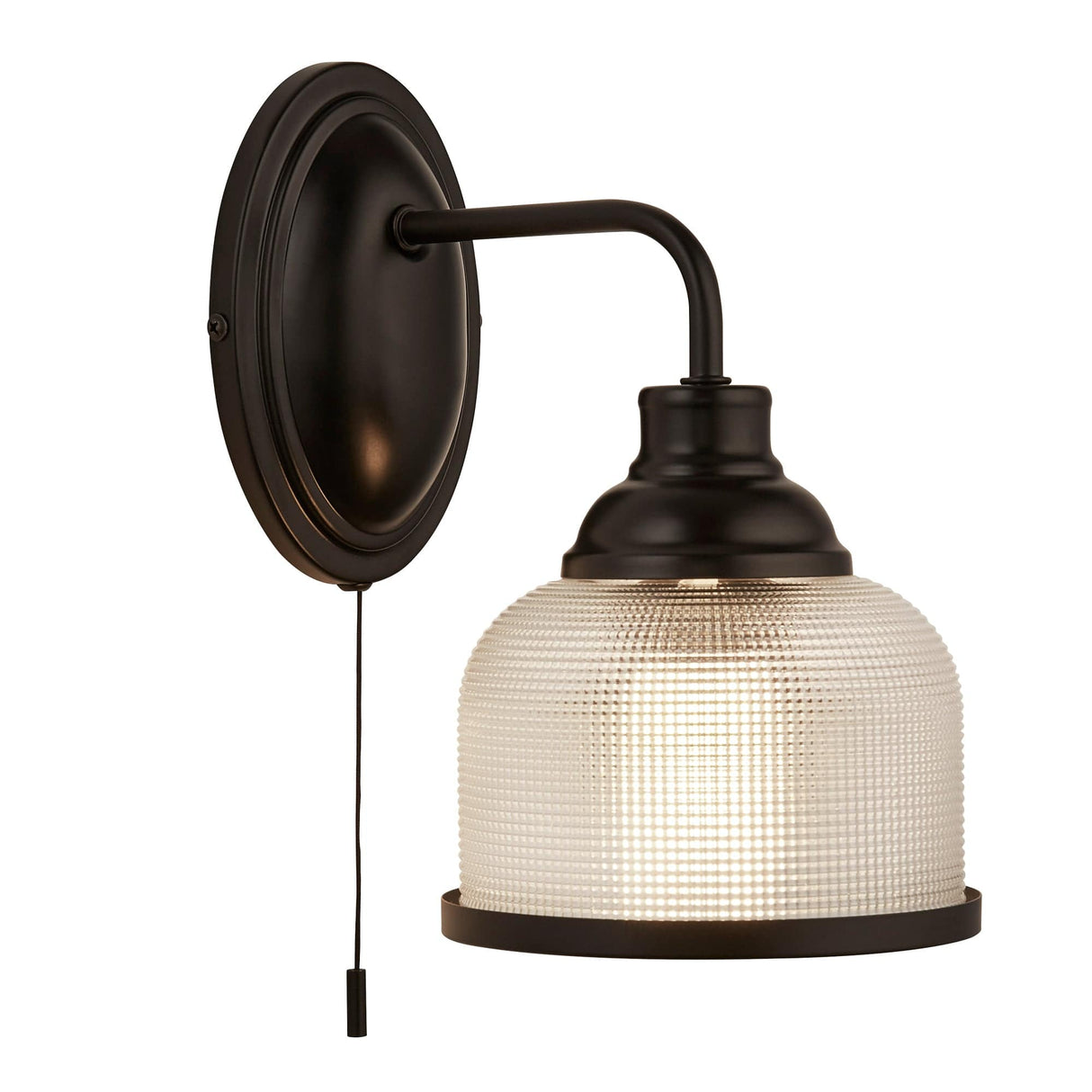 Highworth Wall Light- Matt Black Metal,Holophane Style Glass - Comet Lighting