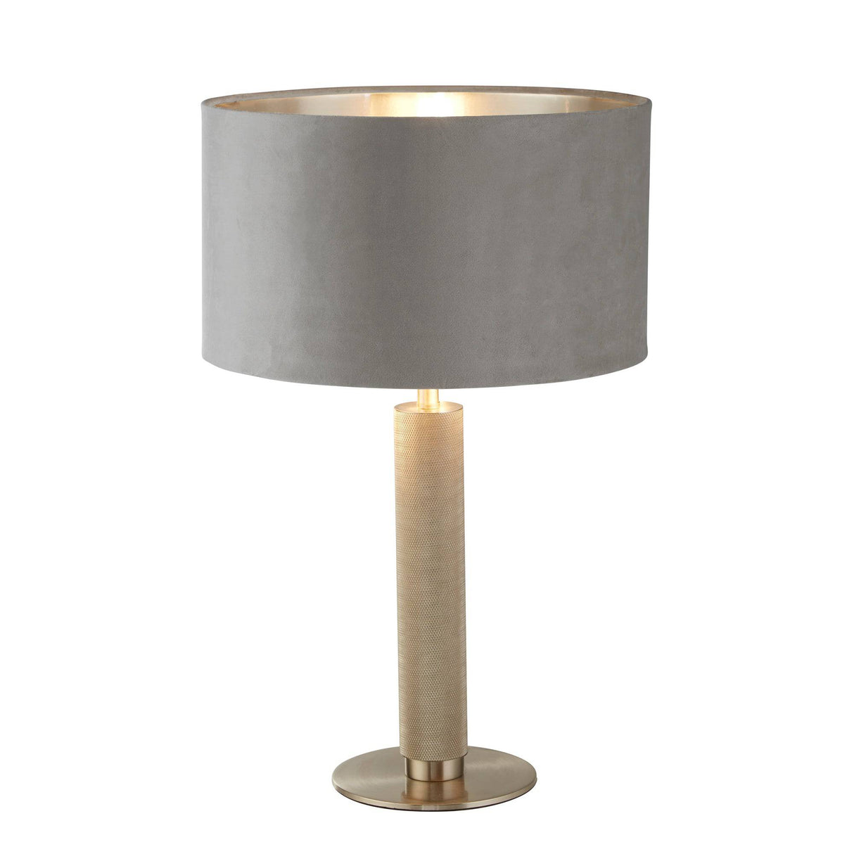 London Table Lamp- Knurled Satin Silver & Grey Velvet Shade - Comet Lighting