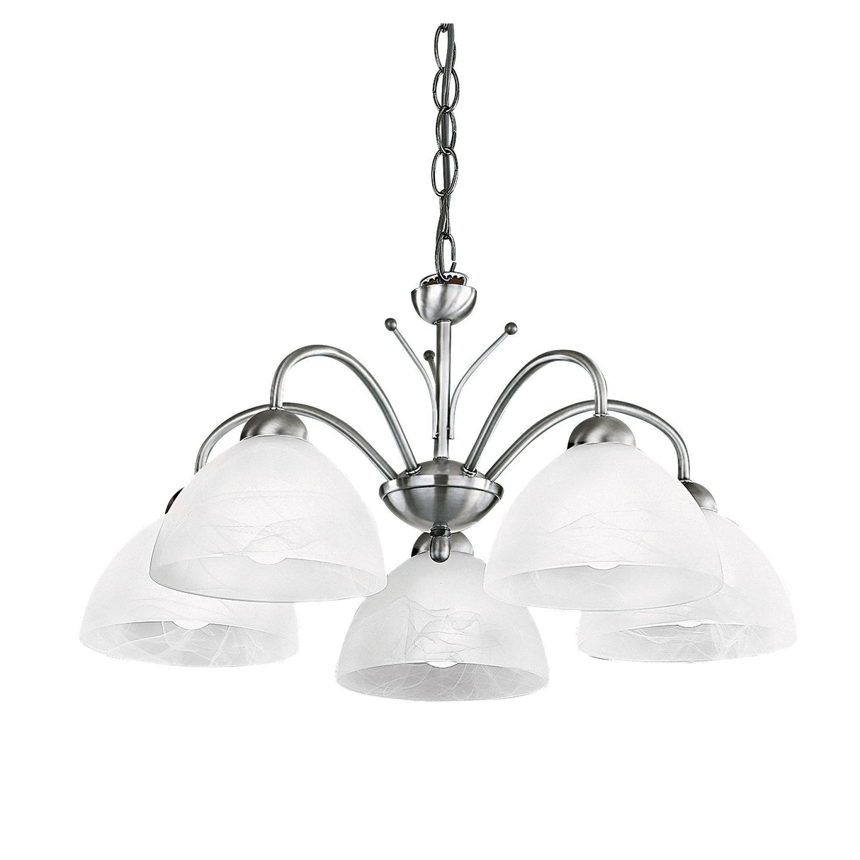 Milanese 5Lt Pendant - Satin Silver Metal & Alabaster Glass - Comet Lighting