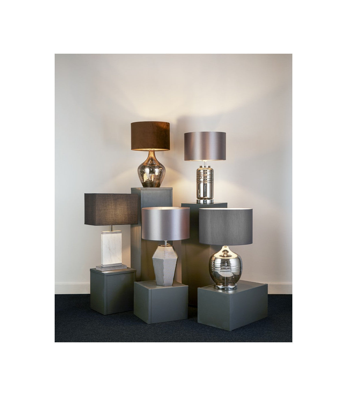 Tableau Smoked Ridged Detail Glass Table Lamp w/ Grey Shade - Comet Lighting