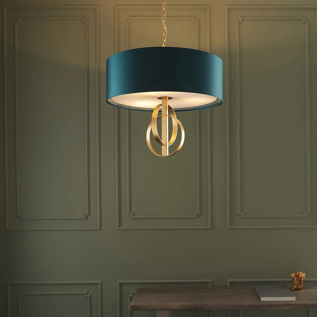 Lena 3Lt Pendant Ceiling Light Antique Gold Leaf & Teal Satin Fabric