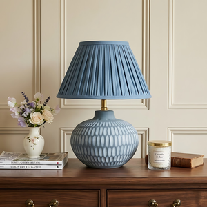 AARTIN York Ceramic Table Lamp With Blue Silk Gathered Lampshade