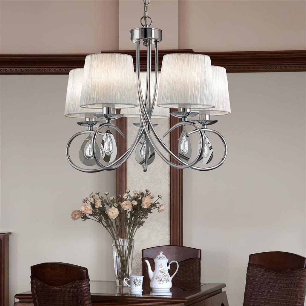 Angelique 5Lt Pendant - Chrome, Clear Glass & White Fabric