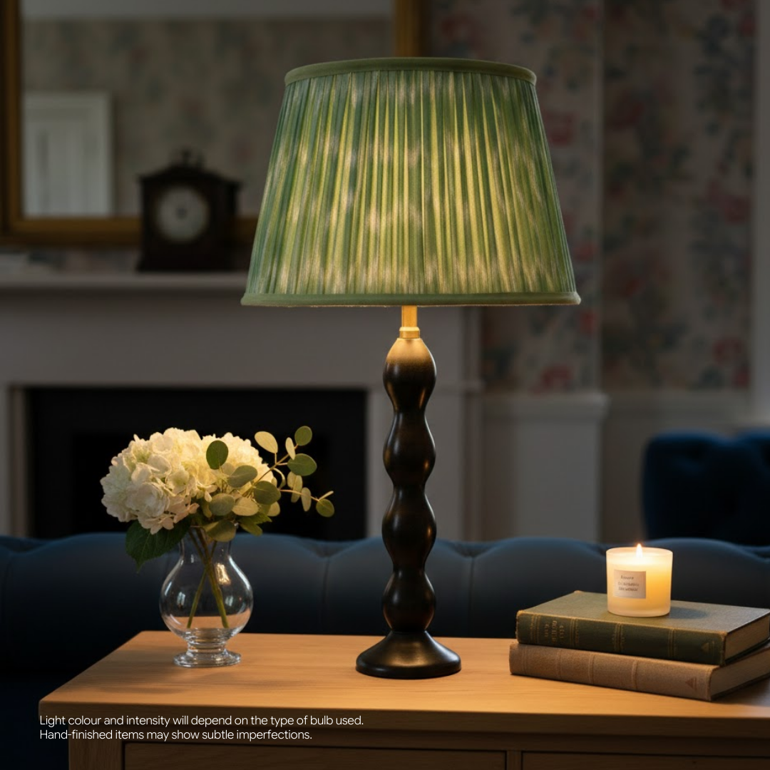 AARTIN Ripple Wood Table Lamp With Sage Green Ikat Lampshade