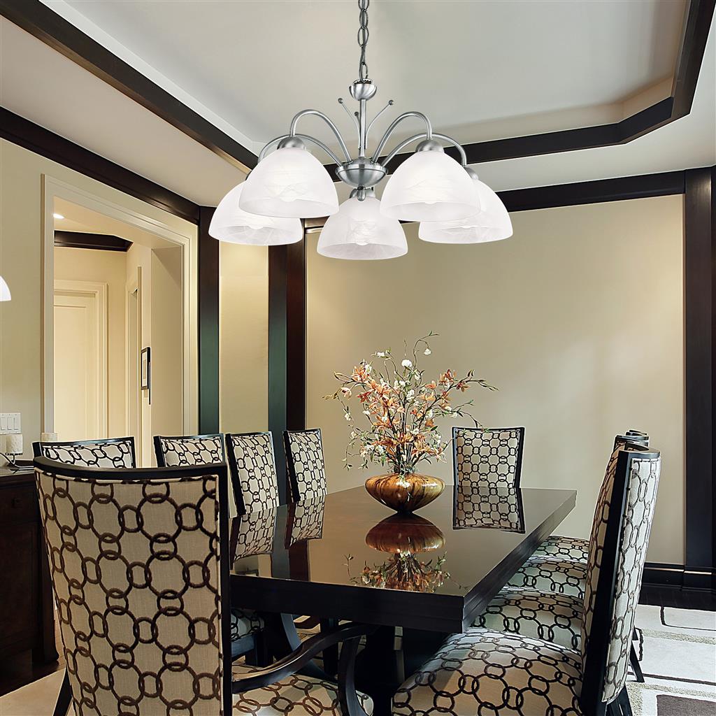 Milanese 5Lt Pendant - Satin Silver Metal & Alabaster Glass - Comet Lighting