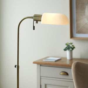 Pharmacy Reader Floor Light - Gloss opal glass - Antique brass finish - Comet Lighting