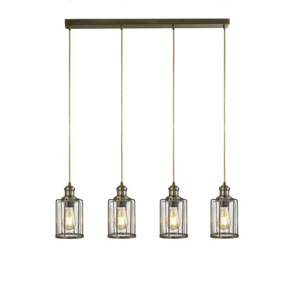 Searchlight Pipes 4Lt Bar Pendant, Antique Brass With Seeded Glass