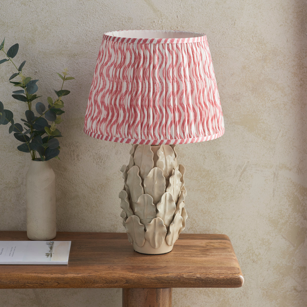 Ceramic Table Light Layered Leaf & Ripple 35cm Coral pink shade