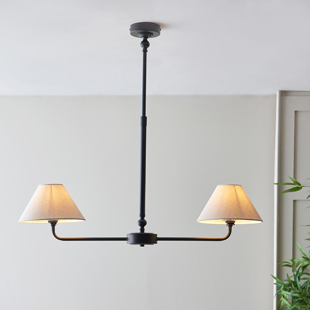 Lille 2lt Linear Pendant Matt black & natural faux linen