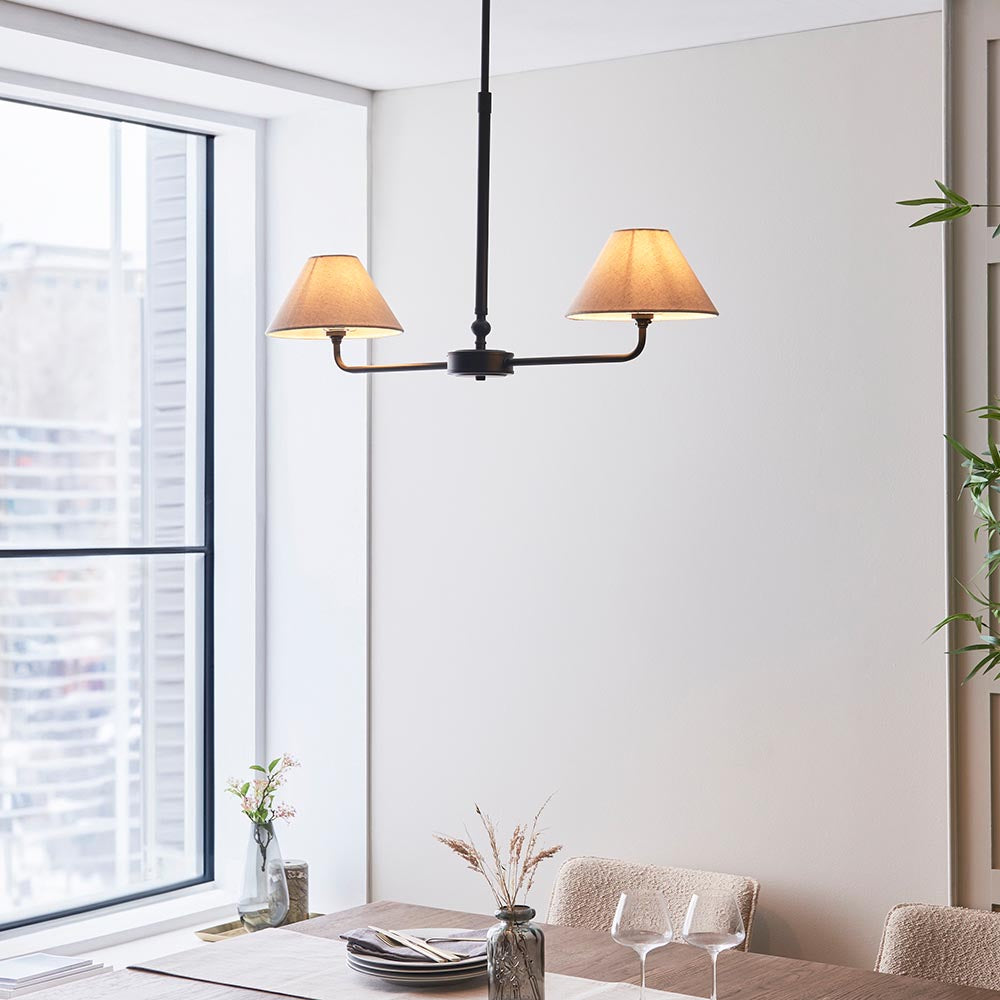Lille 2lt Linear Pendant Matt black & natural faux linen