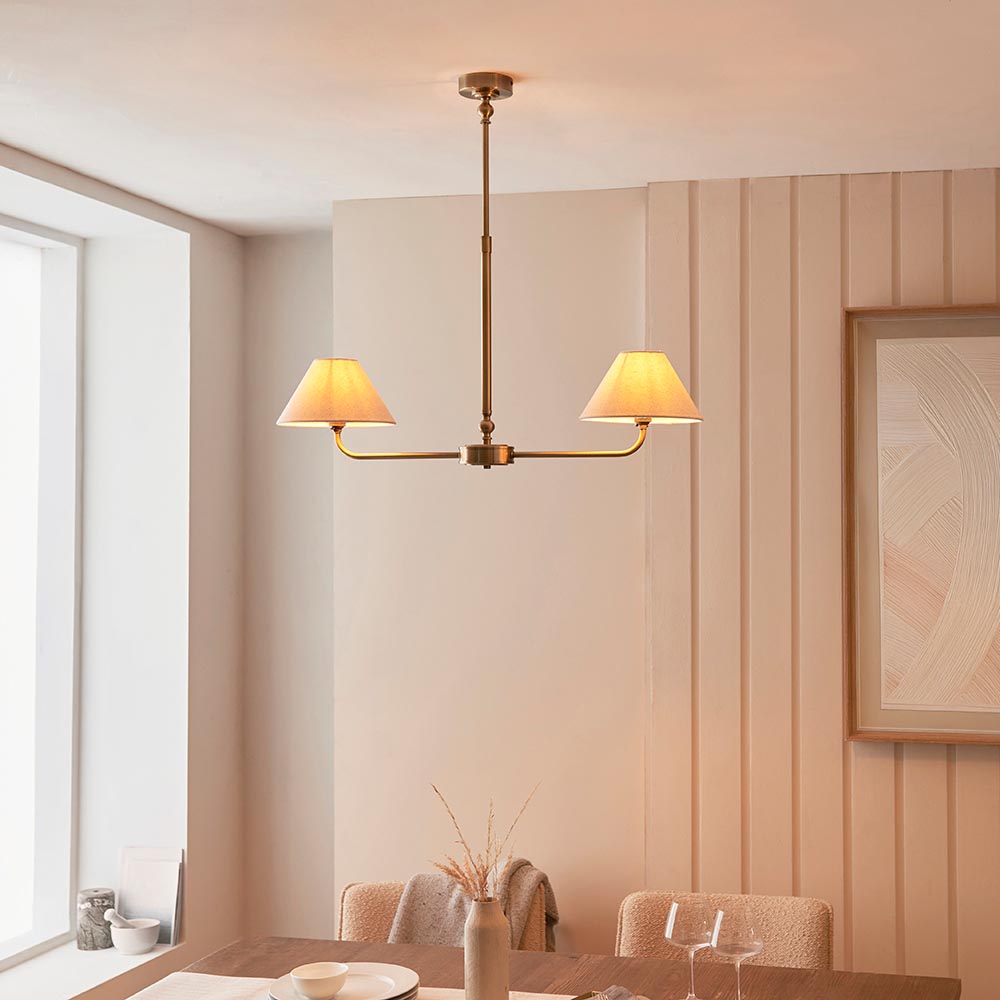 Lille 2lt Linear Pendant Antique brass plate & natural faux linen