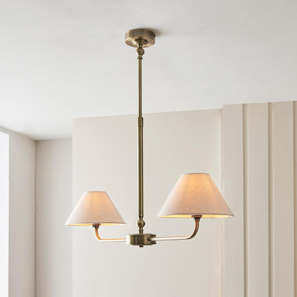 Lille 2lt Linear Pendant Antique brass plate & natural faux linen