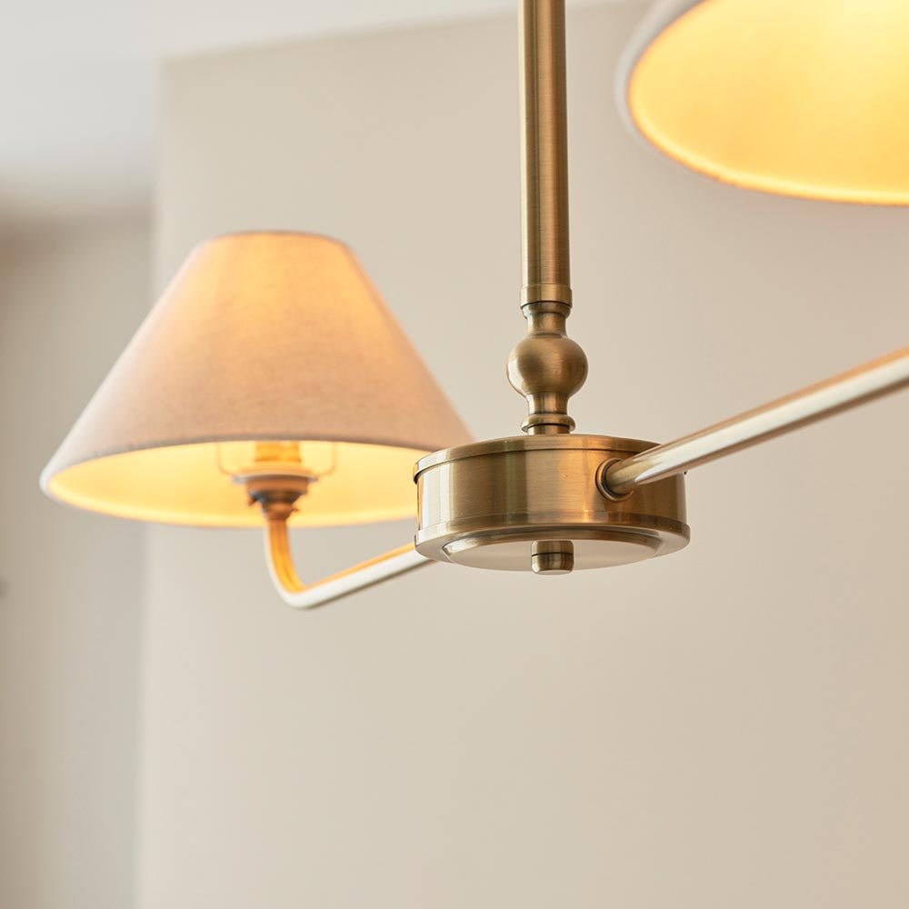 Lille 2lt Linear Pendant Antique brass plate & natural faux linen