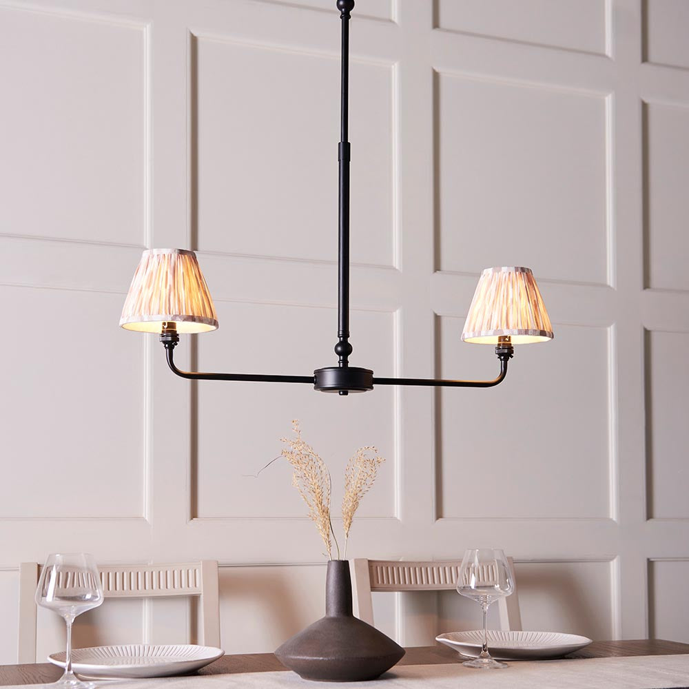 Lille & Ikat 16cm 2lt Linear Pendant Matt black & neutral print fabric