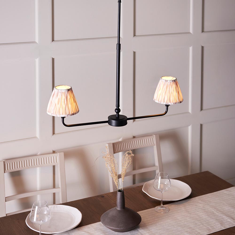 Lille & Ikat 16cm 2lt Linear Pendant Matt black & neutral print fabric