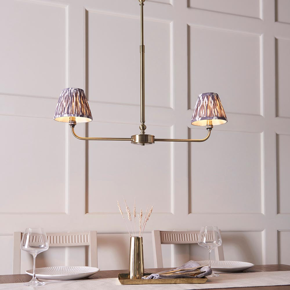 Lille & Ikat 16cm 2lt Linear Pendant Antique brass plate & pearl grey fabric