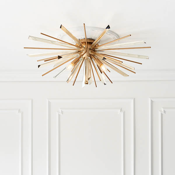 Seine 4Lt Flush Ceiling Light Antique Brass Plate With Champagne Glass
