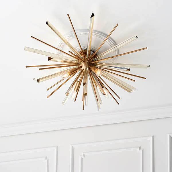 Seine 4Lt Flush Ceiling Light Antique Brass Plate With Champagne Glass