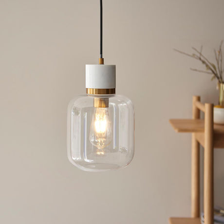 Travi Pendant White volakas marble, vintage brass & clear glass