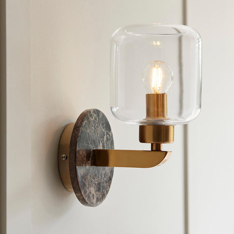 Travi Wall Dark brown Emperador marble, vintage brass & clear glass