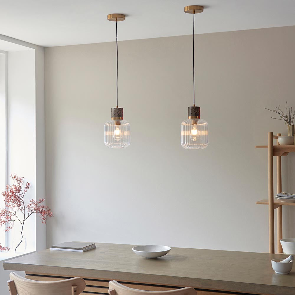 Travi Ribbed Pendant Dark brown Emperador marble, vintage brass & clear ribbed glass