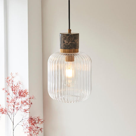 Travi Ribbed Pendant Dark brown Emperador marble, vintage brass & clear ribbed glass