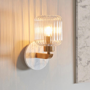 Travi Ribbed Wall White volakas marble, vintage brass & clear ribbed glass