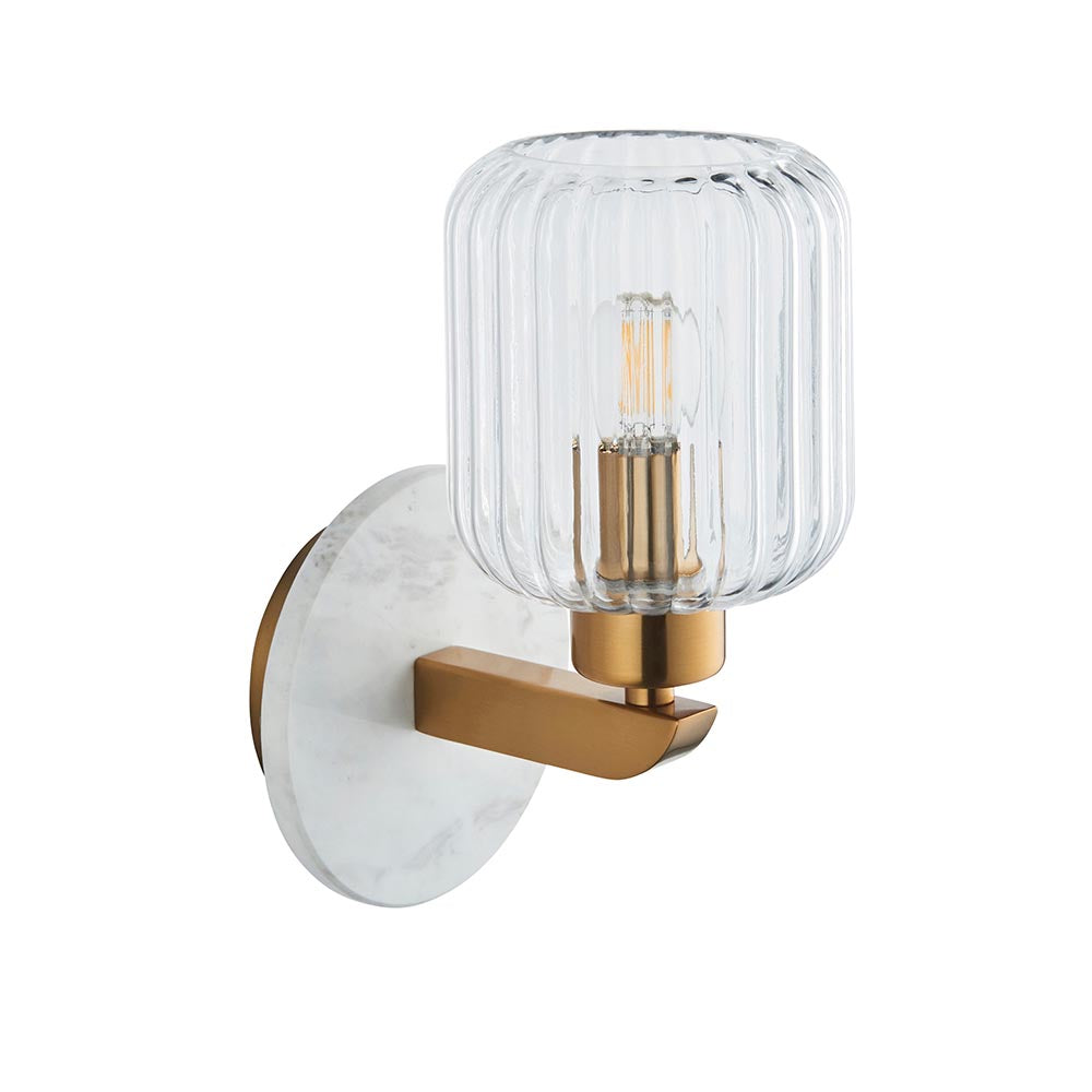 Travi Ribbed Wall White volakas marble, vintage brass & clear ribbed glass