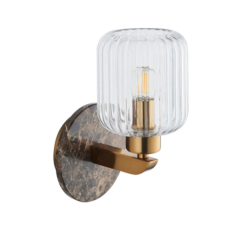 Travi Ribbed Wall Dark brown Emperador marble, vintage brass & clear ribbed glass