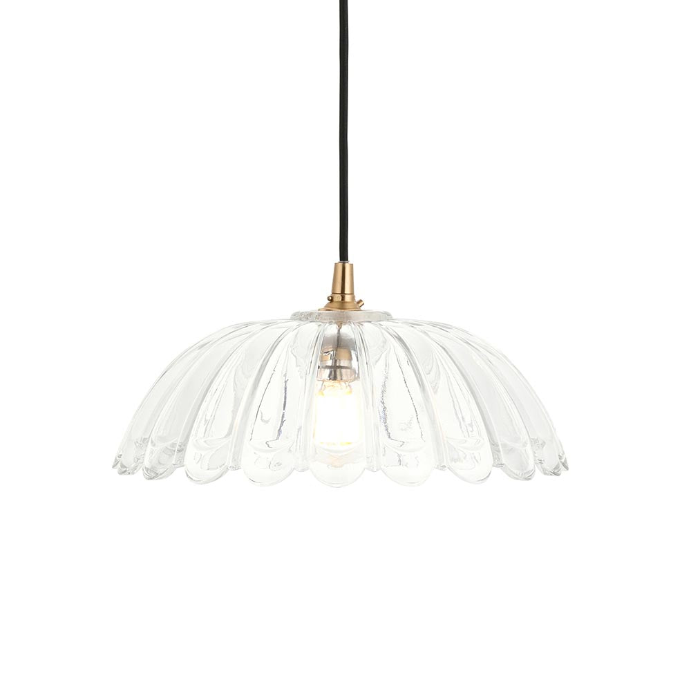 Eltham & Carnation Pendant Clear glass & brushed aged brass with black braided cable