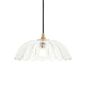 Eltham & Carnation Pendant Clear glass & brushed aged brass with black braided cable