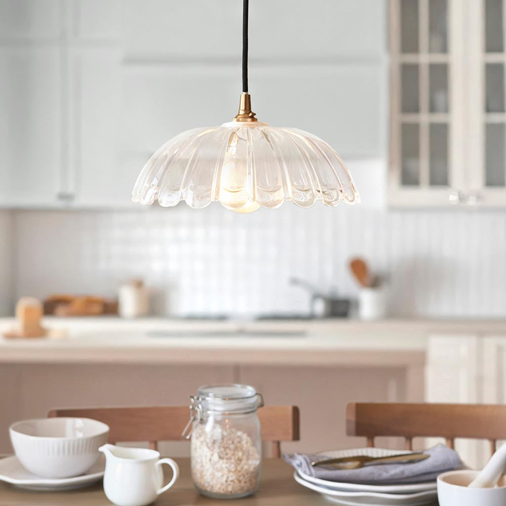Eltham & Carnation Pendant Clear glass & brushed aged brass with black braided cable