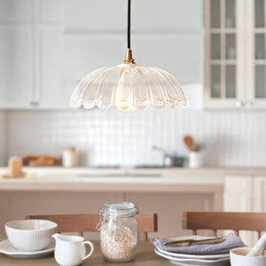 Eltham & Carnation Pendant Clear glass & brushed aged brass with black braided cable