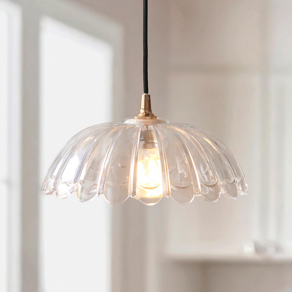 Eltham & Carnation Pendant Clear glass & brushed aged brass with black braided cable