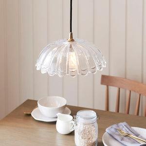 Eltham & Carnation Pendant Clear glass & brushed aged brass with black braided cable