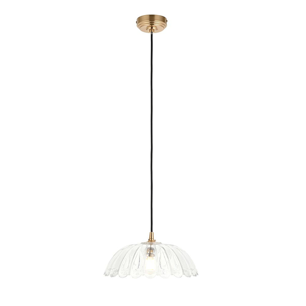 Eltham & Carnation Pendant Clear glass & brushed aged brass with black braided cable