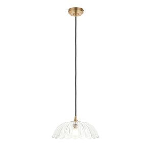 Eltham & Carnation Pendant Clear glass & brushed aged brass with black braided cable