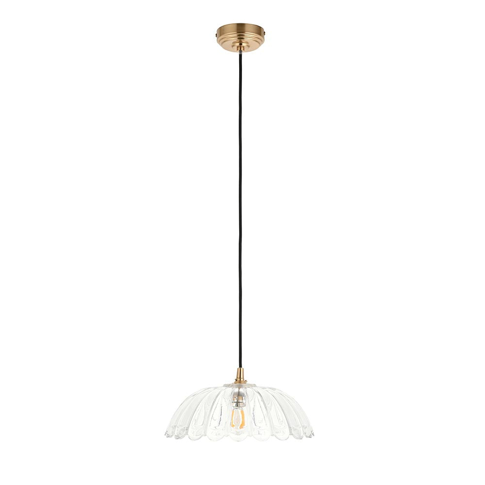 Eltham & Carnation Pendant Clear glass & brushed aged brass with black braided cable