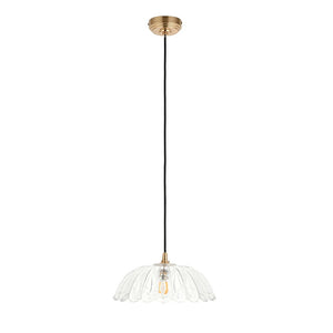 Eltham & Carnation Pendant Clear glass & brushed aged brass with black braided cable
