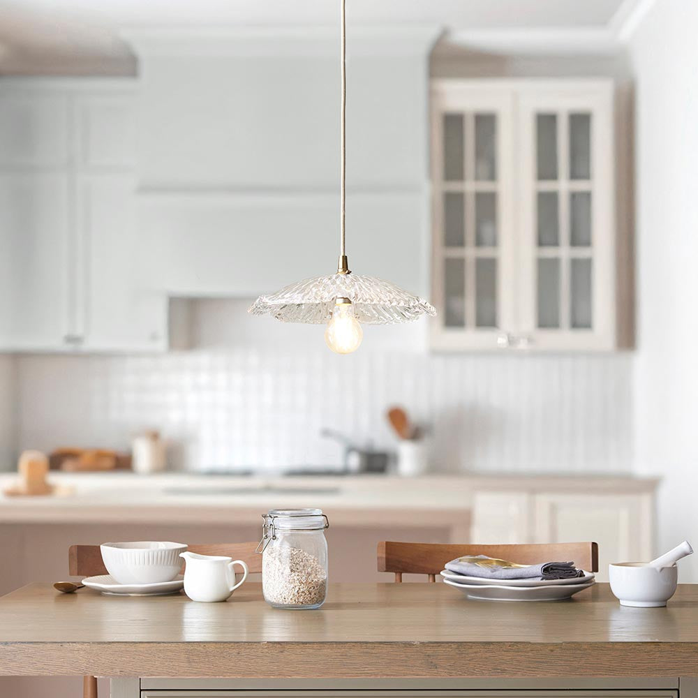 Eltham & Orchid Pendant Clear glass & brushed aged brass with black braided cable