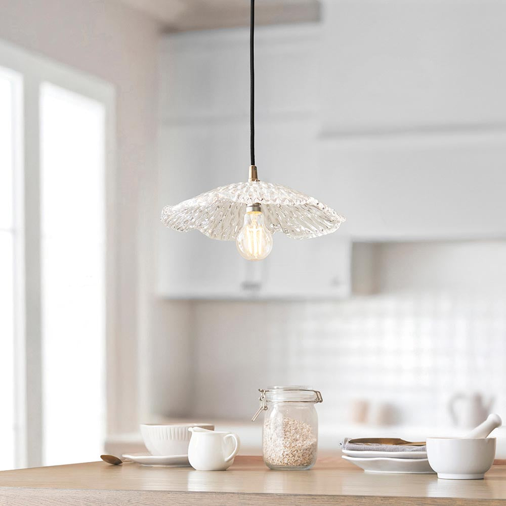 Eltham & Orchid Pendant Clear glass & brushed aged brass with black braided cable