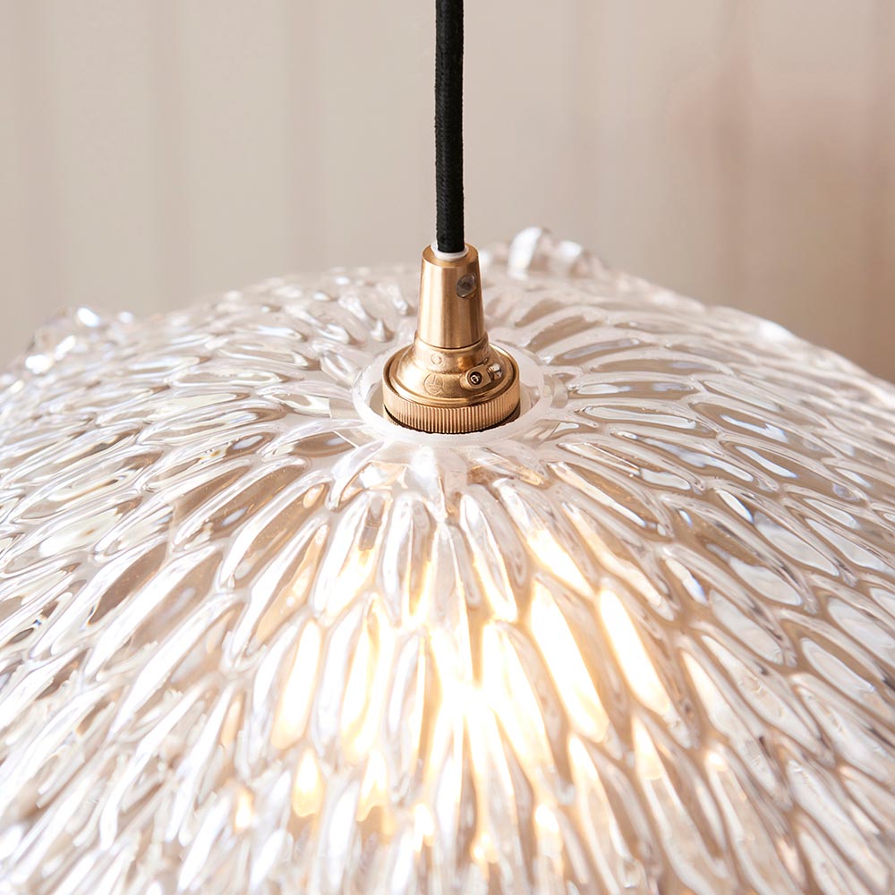 Eltham & Orchid Pendant Clear glass & brushed aged brass with black braided cable