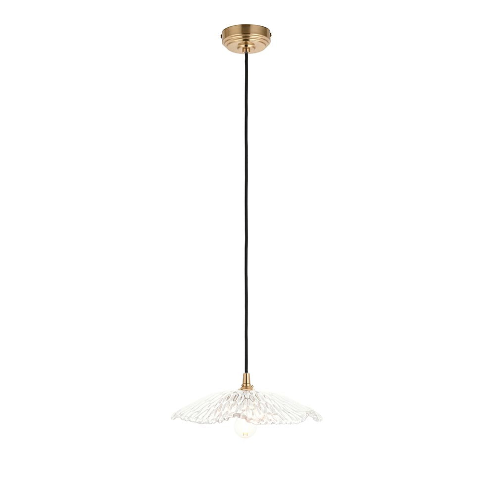 Eltham & Orchid Pendant Clear glass & brushed aged brass with black braided cable
