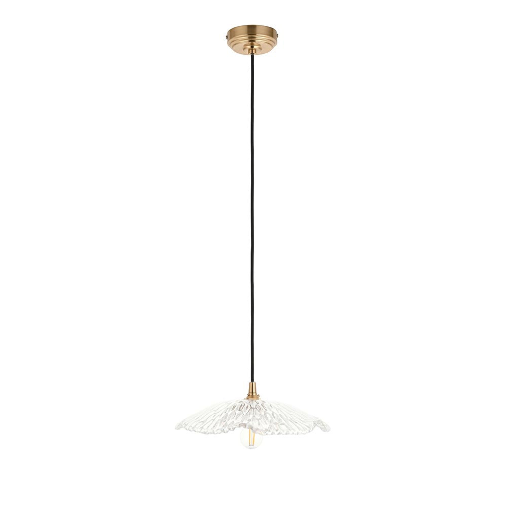 Eltham & Orchid Pendant Clear glass & brushed aged brass with black braided cable