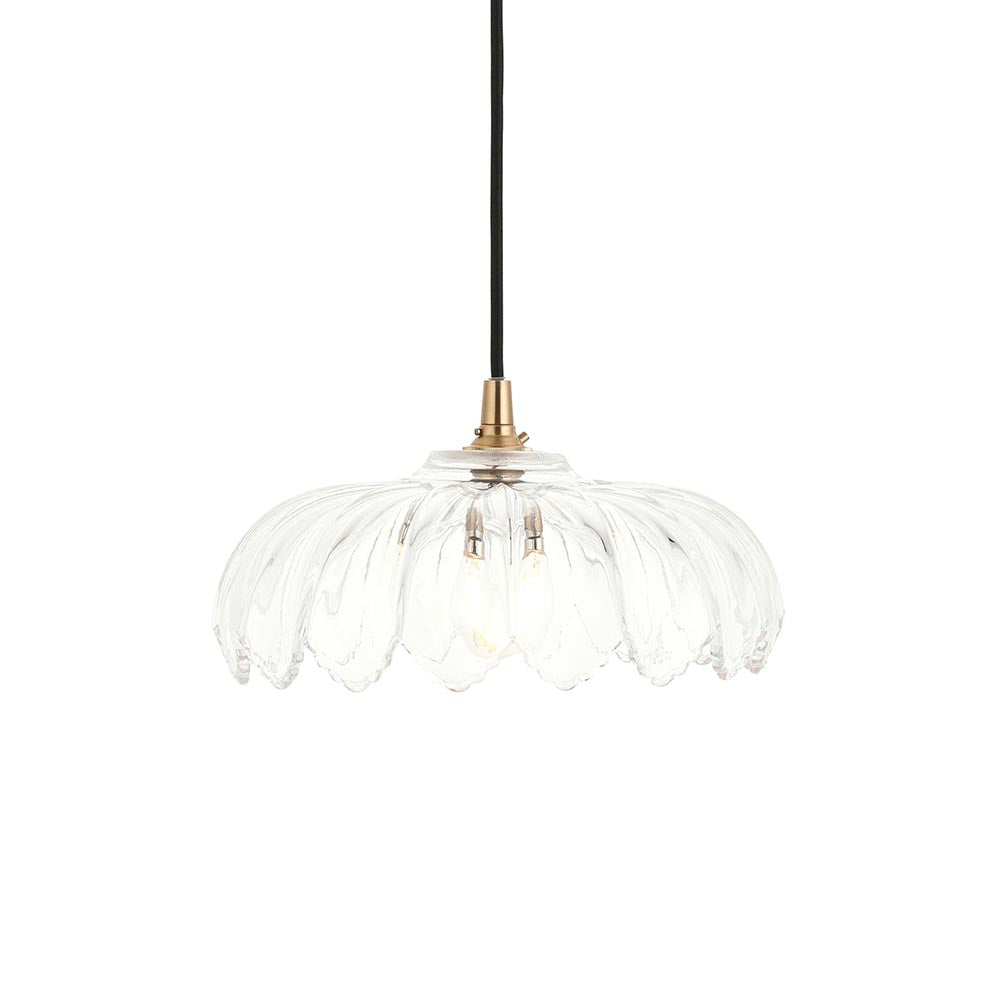 Eltham & Camellia Pendant Clear glass, brushed aged brass plate & black braided flex