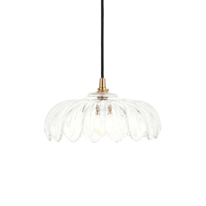 Eltham & Camellia Pendant Clear glass, brushed aged brass plate & black braided flex