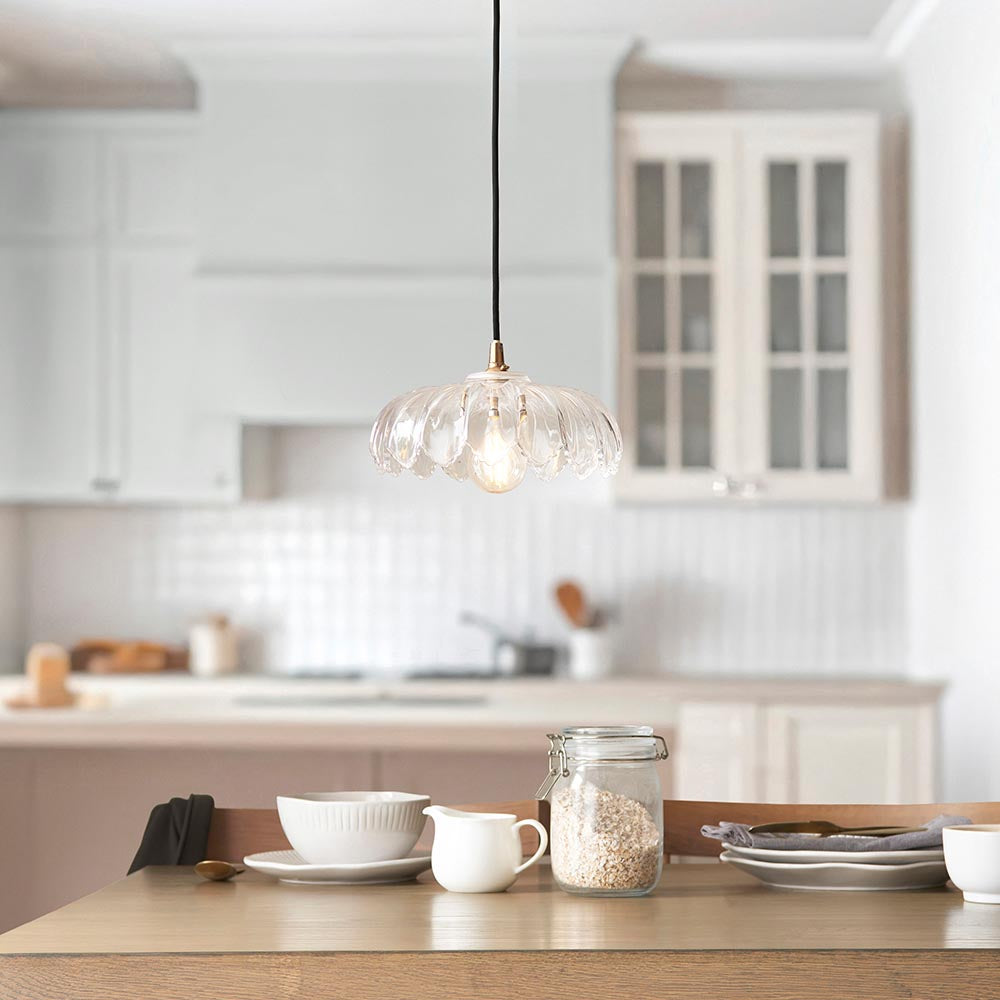 Eltham & Camellia Pendant Clear glass, brushed aged brass plate & black braided flex