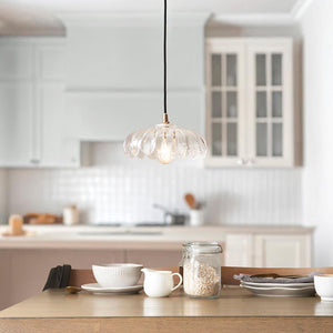 Eltham & Camellia Pendant Clear glass, brushed aged brass plate & black braided flex