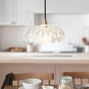 Eltham & Camellia Pendant Clear glass, brushed aged brass plate & black braided flex